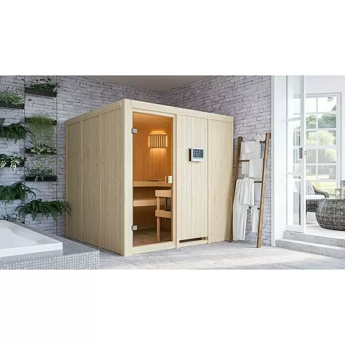 Karibu Elementsauna Oulu - Mit 9 kW Saunaofen mit externer Steuerung, L x B x H: 196 x 196 x 198 cm - Stimmungsaufnahme