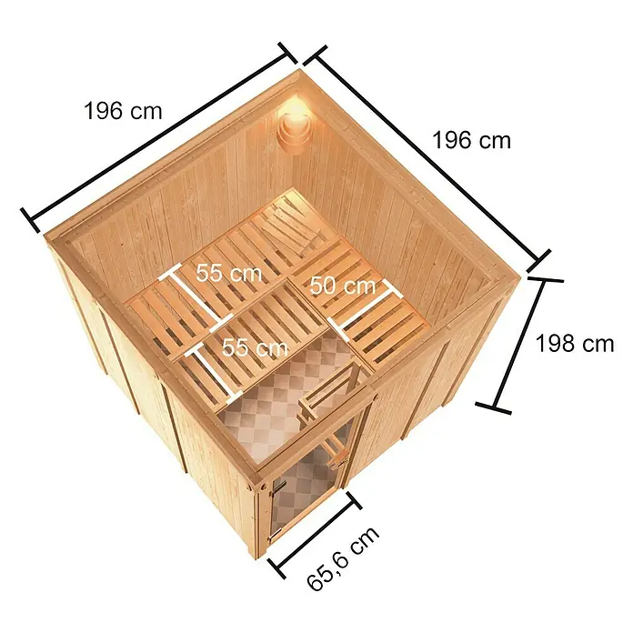 Karibu Elementsauna Oulu - Mit 9 kW Saunaofen mit externer Steuerung, L x B x H: 196 x 196 x 198 cm - Abbildung einer quadratischen Holzsauna mit Maßangaben. Die Sauna ist detailliert und zeigt alle Maße.