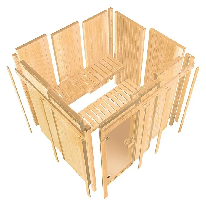 Karibu Elementsauna Oulu - Mit 9 kW Saunaofen mit externer Steuerung, L x B x H: 196 x 196 x 198 cm - Das Bild zeigt eine zerlegte Holzsauna mit einer Glastür. Die einzelnen Elemente sind zum Aufbau bereitgelegt.
