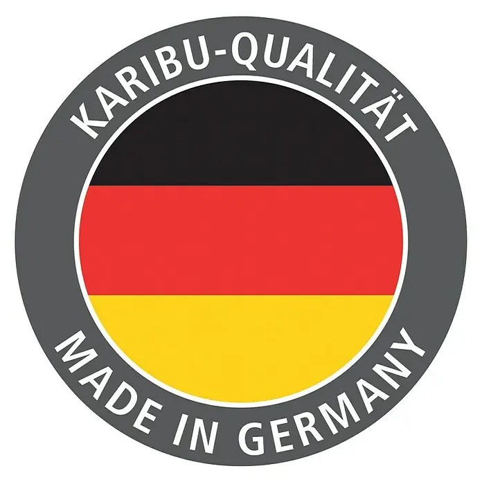 Karibu Elementsauna Oulu - Mit 9 kW Saunaofen mit externer Steuerung, L x B x H: 196 x 196 x 198 cm - Abzeichen "Karibu-Qualität Made in Germany" mit den deutschen Nationalfarben, ein Zeichen für Qualität und Herkunft.