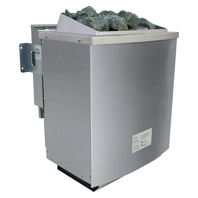 Karibu Elementsauna Oulu - Mit 9 kW Bio-Ofen mit externer Steuerung, L x B x H: 196 x 196 x 198 cm - Nahaufnahme eines Saunaofens mit Steinen, der für ein entspannendes Saunaerlebnis sorgt.