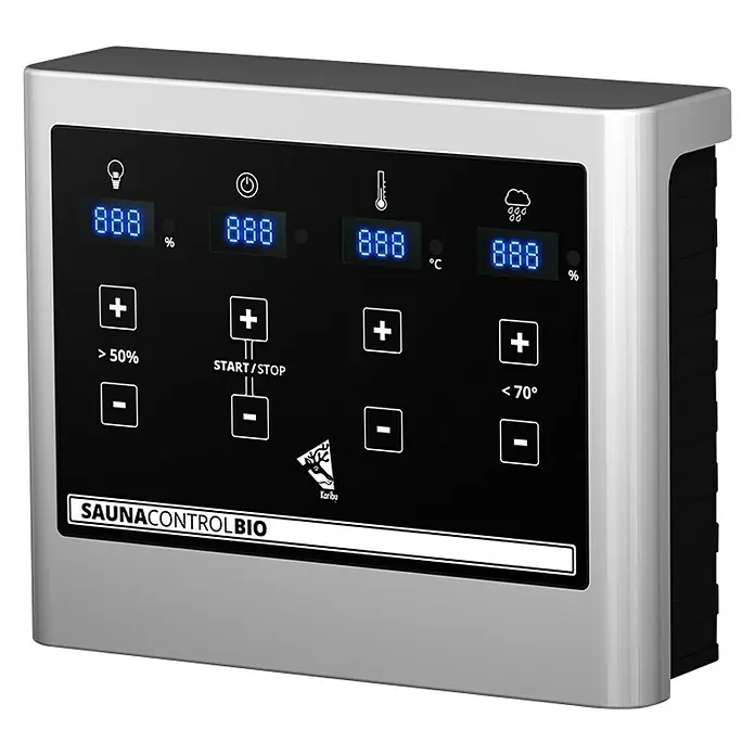 Karibu Elementsauna Oulu - Mit 9 kW Bio-Ofen mit externer Steuerung, L x B x H: 196 x 196 x 198 cm - SAUNACONTROLBIO Steuerung für Sauna und Biosauna. Die Steuerung verfügt über digitale Anzeigen und Bedienelemente zur präzisen Einstellung.