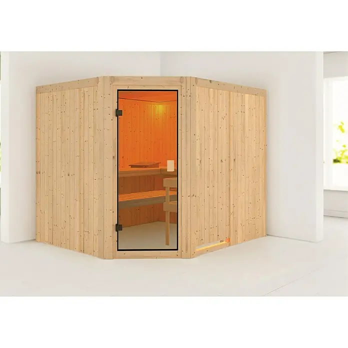 Karibu Elementsauna Horna - Ohne Ofen, L x B x H: 196 x 231 x 198 cm - Ein Ecksauna-Modell mit Holzwänden und Glastür, die einen Blick ins Innere mit Sitzbänken ermöglicht. Ideal für Entspannung und Wellness.