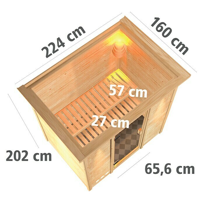 Karibu Massivholzsauna Sonja (Ohne Ofen, Massivholztür, Mit Dachkranz und Beleuchtung, L x B x H: 224 x 160 x 192 cm) | BAUHAUS