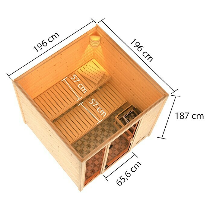 Karibu Massivholzsauna JuttaMit 9 kW Bio-Ofen mit externer Steuerung, Ohne Dachkranz, Material Tür: Ganzglas Bronze, 196 x 196 x 187 cm View From Above