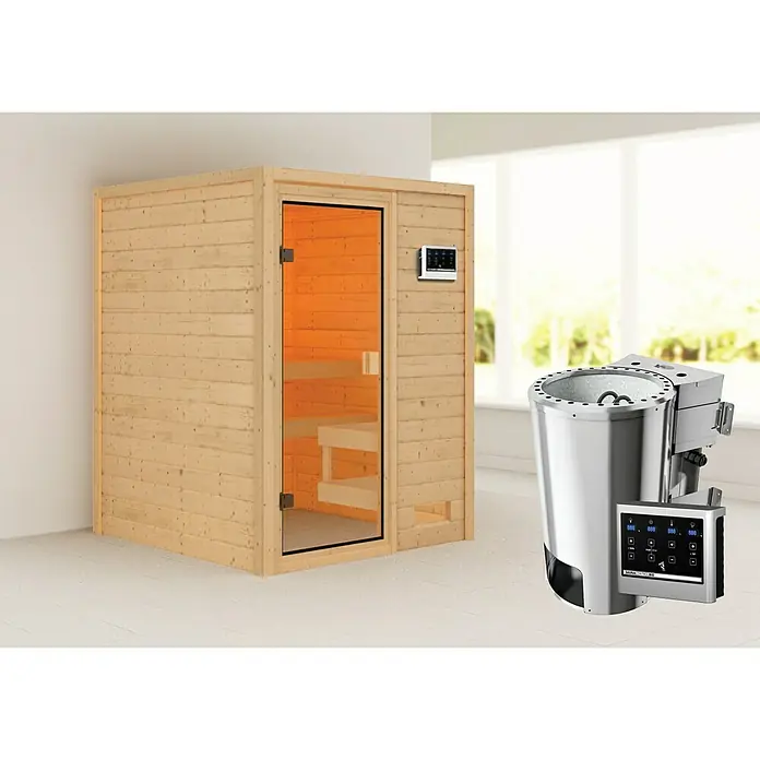 Karibu Massivholzsauna Sandra - L x B x H: 145 x 145 x 187 cm, Ohne Dachkranz, 3,6 kW Bio-Saunaofen mit multifunktionaler Steuerung - Abbildung einer Sauna und eines Saunaofens mit Steuerungseinheit. Hervorhebung des Saunaerlebnisses.