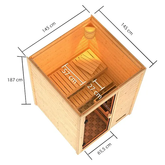 Karibu Massivholzsauna Sandra - L x B x H: 145 x 145 x 187 cm, Ohne Dachkranz, 3,6 kW Bio-Saunaofen mit multifunktionaler Steuerung - Sauna-Innenansicht mit Bänken und Abmessungen. Die Holzkonstruktion und die detaillierte Darstellung der Größen sind gut erkennbar.