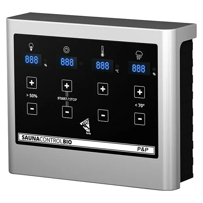 Karibu Massivholzsauna Sandra - L x B x H: 145 x 145 x 187 cm, Ohne Dachkranz, 3,6 kW Bio-Saunaofen mit multifunktionaler Steuerung - Nahaufnahme eines Sauna Control Bio Bedienfelds mit digitalen Anzeigen und Tasten zur Steuerung von Saunaeinstellungen.
