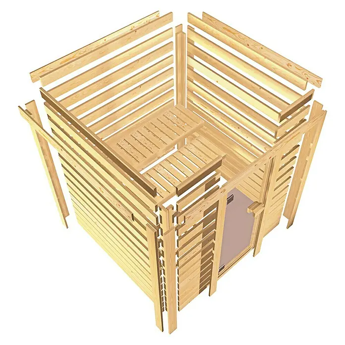 Karibu Massivholzsauna Sandra - L x B x H: 145 x 145 x 187 cm, Ohne Dachkranz, 3,6 kW Bio-Saunaofen mit multifunktionaler Steuerung - Ansicht eines Holzgartenhauses mit quadratischem Grundriss. Die Bretter sind noch nicht verankert, wodurch das Bauprinzip sichtbar wird.