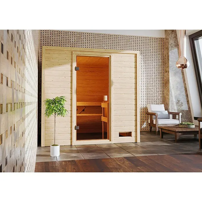 Karibu Massivholzsauna Adelina - L x B x H: 169 x 195 x 187 cm, Ohne Ofen - Helle Holzsauna mit Glastür, die einen Blick auf das Innere freigibt, mit Holzbänken für ein entspannendes Saunaerlebnis bietet.