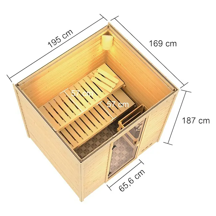 Karibu Massivholzsauna Adelina - L x B x H: 169 x 195 x 187 cm, Ohne Ofen - Abbildung einer Holzsauna mit den Maßen 186 cm x 169 cm x 187 cm und einer Tür von 65,6 cm.