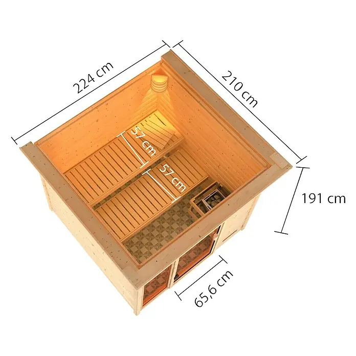 Karibu Massivholzsauna Jutta - L x B x H: 210 x 224 x 191 cm, Mit 9 kW Ofen mit externer Steuerung, Mit Dachkranz und Beleuchtung - Perspektivische Ansicht einer Sauna mit Holzliegen und Ofen für ein entspannendes Saunaerlebnis.