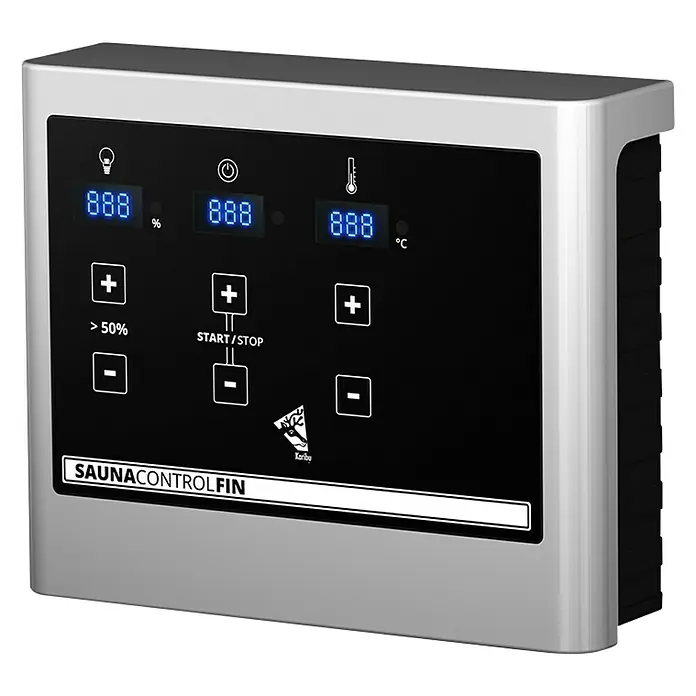 Karibu Massivholzsauna Jutta - L x B x H: 210 x 224 x 191 cm, Mit 9 kW Ofen mit externer Steuerung, Mit Dachkranz und Beleuchtung - Nahaufnahme einer Sauna Control Fin Steuerung mit digitalen Anzeigen und Tasten zur Einstellung von Temperatur und Feuchtigkeit.