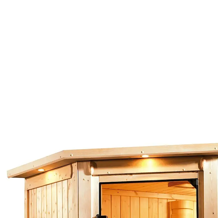 Karibu Massivholzsauna Jutta - L x B x H: 210 x 224 x 191 cm, Mit 9 kW Ofen mit externer Steuerung, Mit Dachkranz und Beleuchtung - Detailansicht einer Sauna mit Holzelementen und integrierter Beleuchtung, die eine warme Atmosphäre erzeugt.