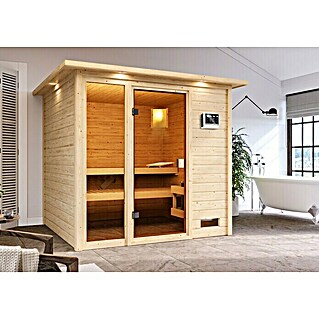 Karibu Massivholzsauna Jutta (L x B x H: 210 x 224 x 191 cm, Mit 9 kW Bio-Ofen mit externer Steuerung, Mit Dachkranz und Beleuchtung)