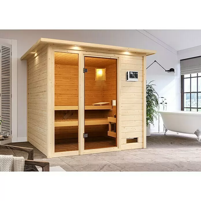 Karibu Massivholzsauna Jutta - L x B x H: 210 x 224 x 191 cm, Mit 9 kW Bio-Ofen mit externer Steuerung, Mit Dachkranz und Beleuchtung - Stimmungsaufnahme