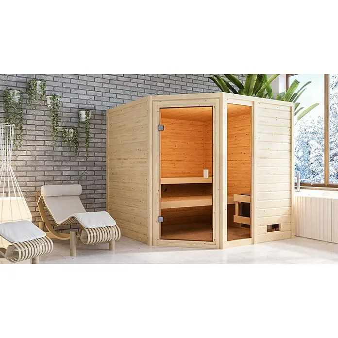 Karibu Massivholzsauna Tabea - L x B x H: 196 x 196 x 187 cm, Ohne Ofen, Ohne Dachkranz - Geräumige Holzsauna mit Glastüren, die einen entspannenden Rückzugsort in einem stilvollen Badezimmer bietet.