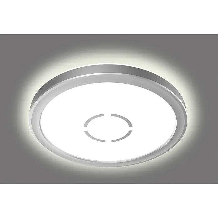 Tween Light LED-Deckenleuchte Montella rund - 12 W, L x B x H: 19 x 19 x 2,8 cm, Weiß/Silber, Rund - Nahaufnahme einer runden LED-Deckenleuchte mit einem weißen Diffusor und einem schlanken, silbernen Rahmen, die eine moderne und elegante Beleuchtung bietet.
