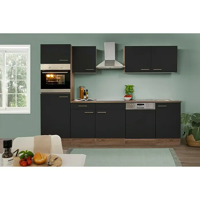 Respekta Küchenzeile Oliver - Breite: 280 cm, Schwarz, Mit Elektrogeräten - Einbauküche in modernem Design mit schwarzen Schränken, Edelstahldetails und hellen Holzböden für eine stilvolle Atmosphäre.