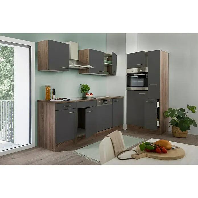 Respekta Küchenzeile Oliver - Breite: 310 cm, Grau, Mit Elektrogeräten - Moderne Küche in Grau und Holzoptik mit stilvollen Schränken und Geräten für ein elegantes und funktionales Küchendesign.