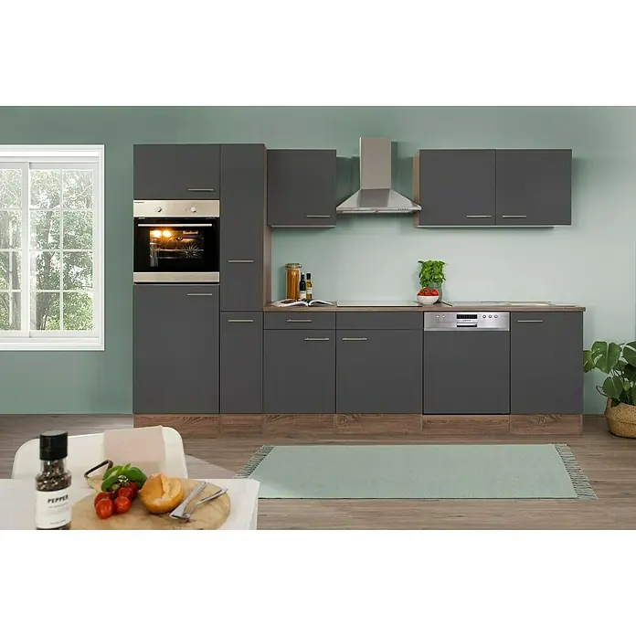 Respekta Küchenzeile Oliver - Breite: 310 cm, Grau, Mit Elektrogeräten - Graue Küchenschränke mit silberfarbenem Dunstabzug und eingebautem Backofen sorgen für ein modernes Küchendesign.