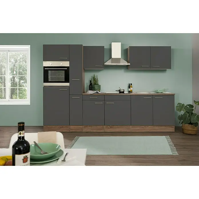 Respekta Küchenzeile Oliver - Breite: 300 cm, Grau, Mit Elektrogeräten - Elegante graue Küche mit modernen Elementen, inklusive Ofen, Dunstabzugshaube und ausreichend Stauraum. Ideal für stilvolles Kochen und Wohnen.