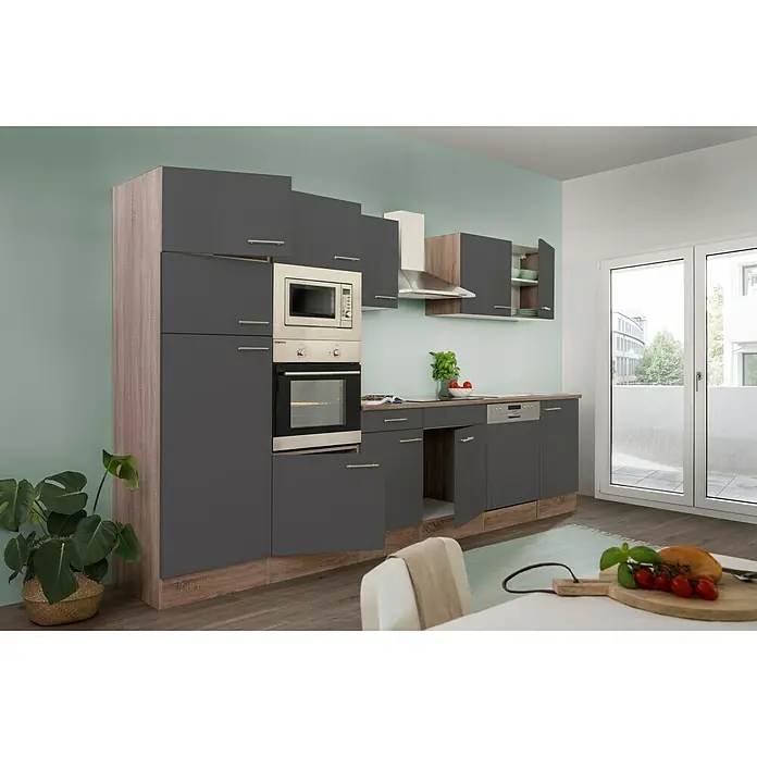 Respekta Küchenzeile Oliver - Breite: 340 cm, Grau, Mit Elektrogeräten - Elegante Küchenzeile in Grau mit integriertem Mikrowellenherd und Backofen für moderne Haushalte.