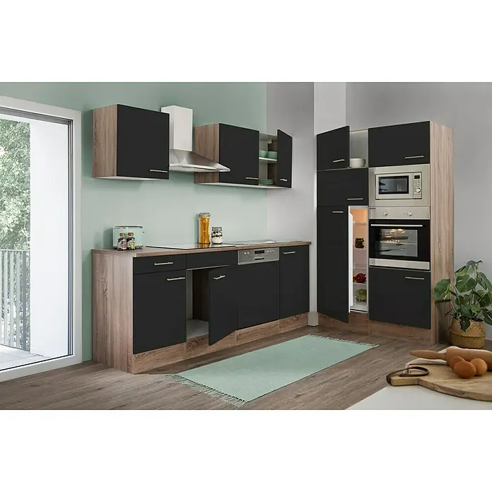 Respekta Küchenzeile Oliver - Breite: 340 cm, Schwarz, Mit Elektrogeräten - Moderne Küche mit schwarzen Schränken und Holzelementen, inklusive Elektrogeräten und Arbeitsfläche für kulinarische Kreativität.
