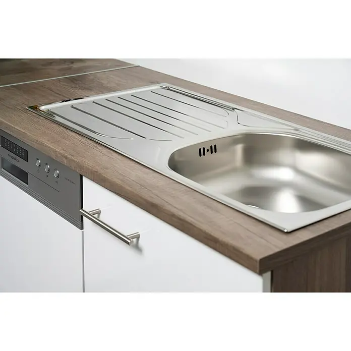 Respekta Winkelküche Oliver - B x T: 310 x 172 cm, Weiß, Mit Elektrogeräten - Küchenspüle aus Edelstahl mit Abtropffläche und Unterschrank in Weiß und Holzoptik für moderne Küchen.