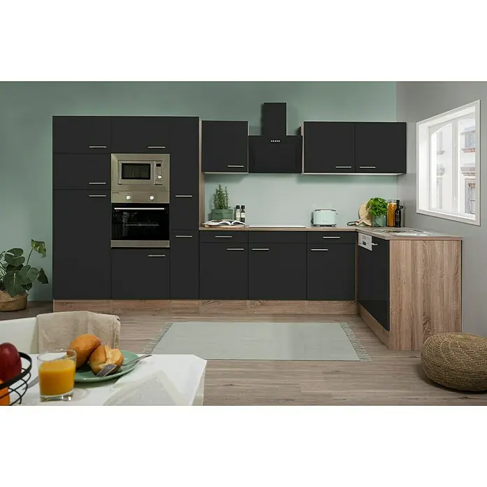 Respekta Winkelküche Oliver - B x T: 370 x 172 cm, Schwarz, Mit Elektrogeräten - Bild einer modernen Küche in Anthrazit mit Holzdetails und silbernen Akzenten, die ein stilvolles und funktionales Design zeigt.