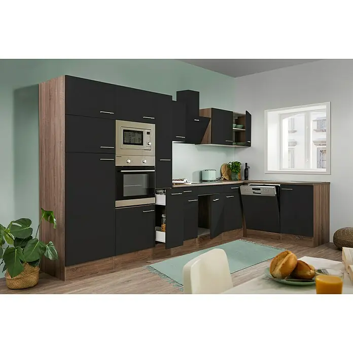 Respekta Winkelküche Oliver - B x T: 370 x 172 cm, Schwarz, Mit Elektrogeräten - Modernes Küchendesign in Schwarz und Holzoptik mit Einbaugeräten und stilvollem Ambiente für ein komfortables Kocherlebnis.