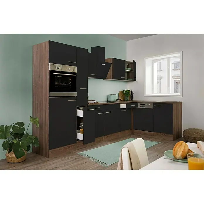 Respekta Winkelküche Oliver - B x T: 310 x 172 cm, Schwarz, Mit Elektrogeräten - Moderne Küche in Schwarz und Holzoptik. Diese stilvolle Kücheneinrichtung besticht durch ihre dunklen Fronten und das natürliche Holzdekor.
