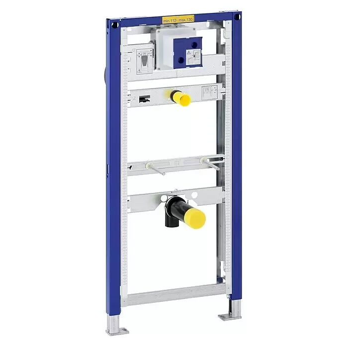 Geberit Duofix Estructura portante para urinario suspendido - 1 descarga, 7 x 50 x 112 cm - Marco de metal azul y plata para cisterna de inodoro empotrada, con tapas protectoras amarillas en las tuberías de agua y desagüe.