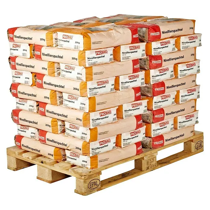 Probau Nivellierspachtel - 20 kg, Schichtdicke: 10 mm - Palette mit vielen 20kg Säcken ProBau Nivellierspachtel, ideal für Ausgleichsarbeiten.