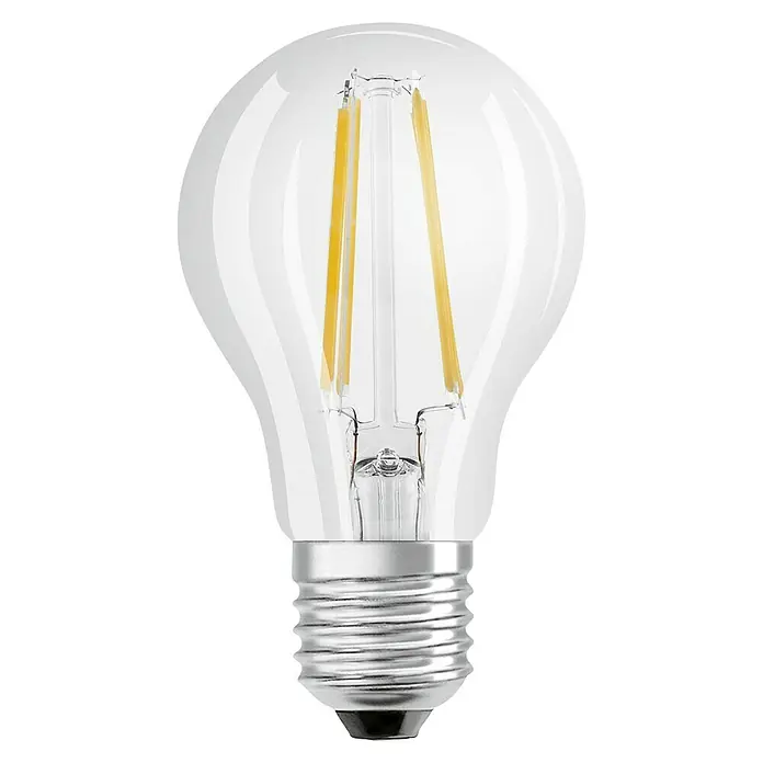 Osram LED-Lampe Glühlampenform E27 klar - E27, Nicht Dimmbar, Warmweiß, 806 lm, 6,5 W - Nahaufnahme einer klaren LED-Glühbirne mit Filamenten, die auf einem schwarzen Hintergrund leuchten.