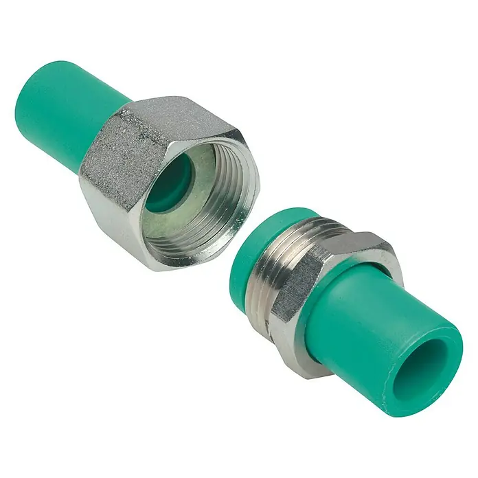 Schweißverbindung lösbar - Nennweite Rohr: DN 25, Polypropylen - Grüne PP-R-Rohrverschraubung mit vernickelter Messing-Verschraubung und Gewinde, ideal für Sanitär- und Heizungsinstallationen.