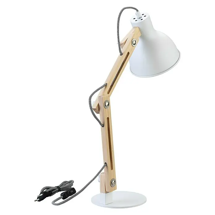Tween Light Tischleuchte Wood - 40 W, L x B x H: 21 x 15,5 x 52 cm, E27 - Schreibtischlampe aus hellem Holz mit weißem Lampenschirm und schwarz-weißem Kabel. Perfekt für Arbeitszimmer und Büros.