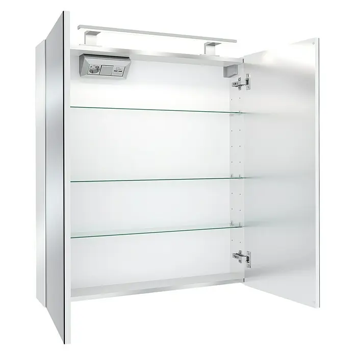 Camargue Espacio LED-Spiegelschrank - B x H: 80 x 90 cm, Holz, Farblos - Offener Spiegelschrank in Weiß mit Glasböden und integrierter Beleuchtung für ein modernes Badezimmerdesign.