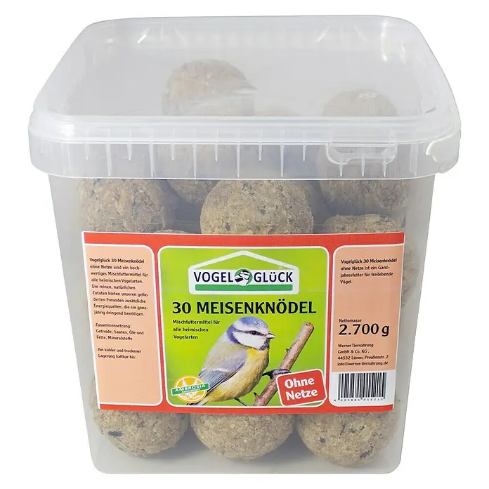 Vogelglück Meisenknödel - 30 Stk. - Vogelglück 30 Meisenknödel ohne Netz: Hochwertiges Mischfuttermittel für alle heimischen Vogelarten. Ein Ganzjahresfutter für freilebende Vögel.