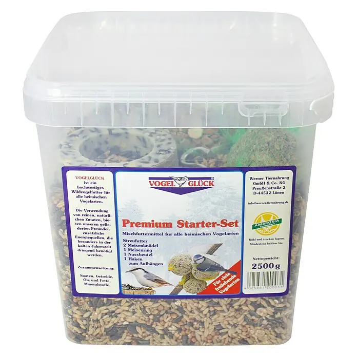 Vogelglück Wildvogelfutter Starter-Set - 2,5 kg - Abbildung eines Eimers Premium Starter-Set Vogelfutter von Vogel Glück mit Streufutter, Meisenknödel, Meisenring, Nussbeutel und Haken.