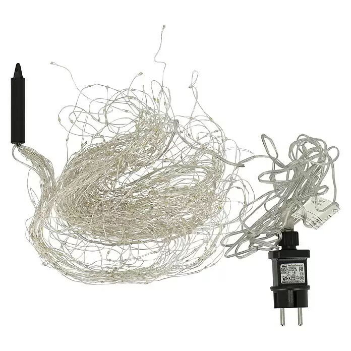 Cascada de luces LED - Para exterior, 190 cm, Blanco cálido, Funcionamiento en red - Guirnalda de luces LED enredada con cables transparentes y pequeñas bombillas blanco cálido, conectada a un adaptador de corriente Europlug negro.
