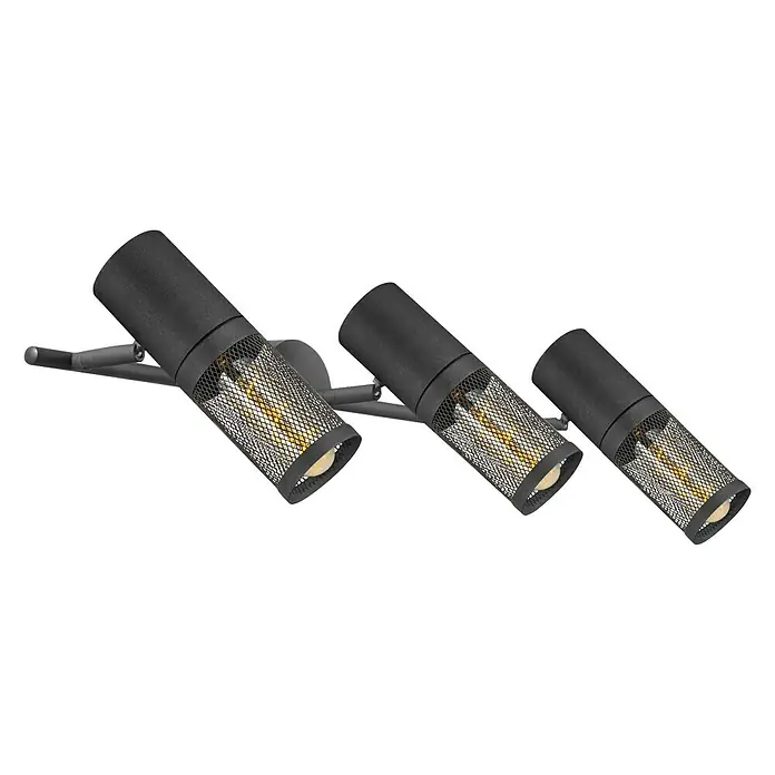 Tween Light Wand- & Deckenspot Nizza - 30 W, L x B x H: 58 x 15,5 x 19,5 cm, Schwarz - Eine moderne, mattschwarze Dreifach-Spotleuchte mit dekorativen Drahtschirmen, die warmes Licht spendet und jedem Raum einen industriellen Touch verleiht.