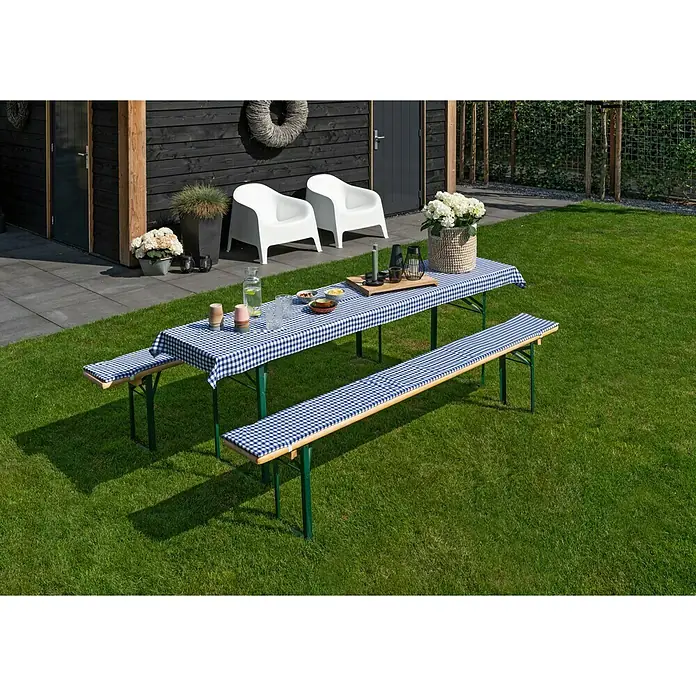 Bierbankauflagen-Set - Blau/Weiß, 240 x 70 cm, 100 % Polyester, 3 -tlg. - Ein Gartenset mit einem Tisch und Bänken, die mit blau-weiß karierten Bezügen versehen sind, ideal für entspannte Stunden im Freien.