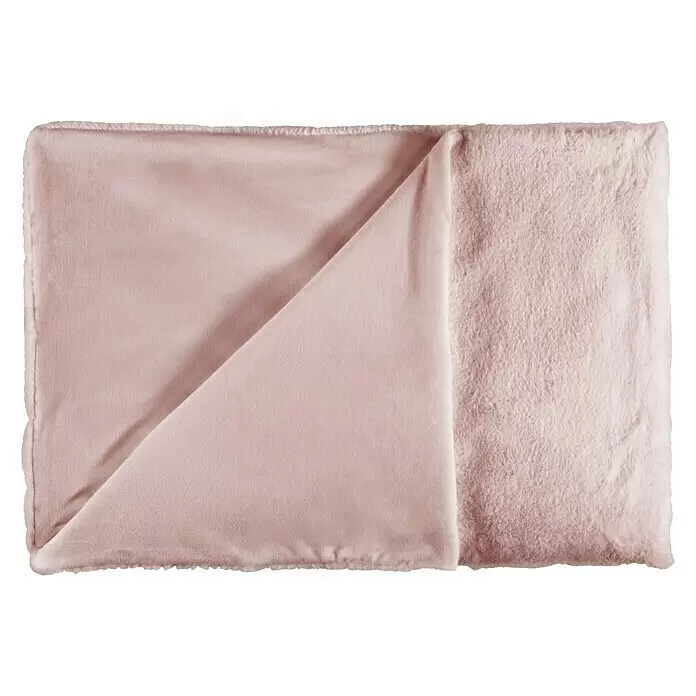 Manta para sofá Happy - 150 x 200 cm, Rosa - Manta de felpa rosa claro con una esquina doblada, mostrando su textura suave y esponjosa.