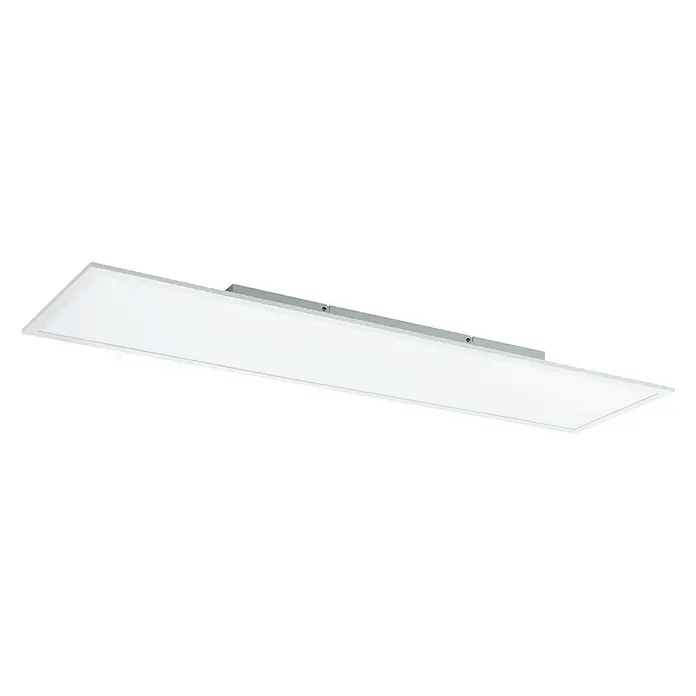 Tween Light LED-Panel RC-CCT-DIM-RGB-Backlight - 36 W, L x B x H: 120 x 30 x 5 cm, Weiß, RGBW - Eine rechteckige LED-Deckenleuchte in Weiß und Silber ist vor einem schwarzen Hintergrund abgebildet. Die Leuchte ist schlicht und modern gestaltet.