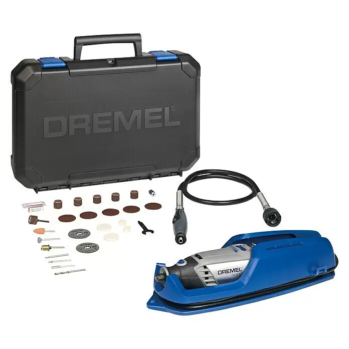 Dremel Herramienta rotativa eléctrica 3000-1/25 - 130 W, 10.000 r.p.m. - 30.000 r.p.m., 25 accesorios - Kit de herramienta rotativa Dremel con herramienta, eje flexible, accesorios y estuche negro, en soporte azul.