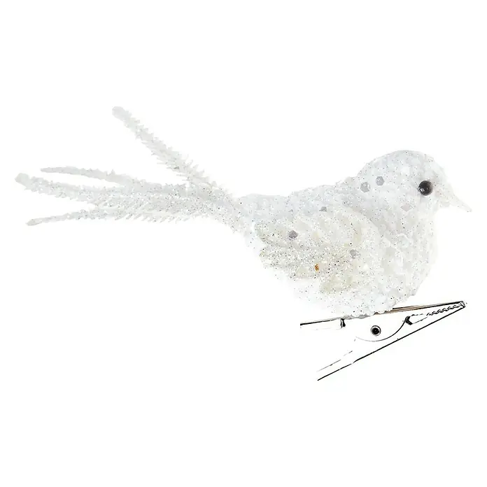 Christbaumschmuck Vogel - Weiß, Kunststoff - Funkelnder, weißer Vogel-Clip mit Glitzerakzenten, ideal für festliche Dekorationen und Bastelarbeiten.