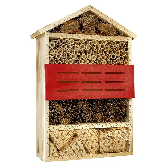 Windhager Insektenhotel - L x B x H: 33,5 x 14 x 49,5 cm, Holz, Naturbraun/Rot, Geflammt - Dieses Insektenhotel bietet verschiedene Nistmöglichkeiten für nützliche Insekten. Ein dekoratives und nützliches Element für jeden Garten.
