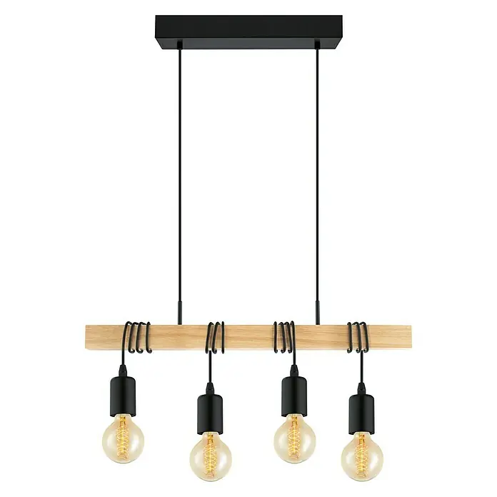 Eglo Townshend Pendelleuchte - B x H: 10,5 x 110 cm, Schwarz, Braun, 240 W - Eine moderne Pendelleuchte mit vier Edison-Glühbirnen, die an einem Holzbalken hängen, ideal für Esszimmer oder Wohnzimmer.