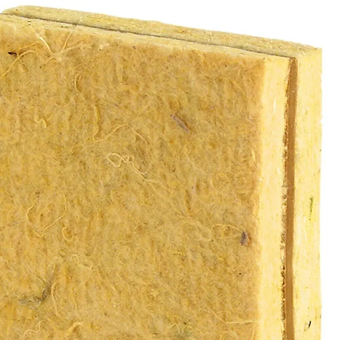 Soprema Lámina de aislamiento acústico Tecsound 2 FT 80 - 5,5 x 1,2 m - Primer plano de una placa de lana mineral utilizada para aislamiento térmico y acústico. Textura amarillenta, fibrosa, con buenas propiedades aislantes.